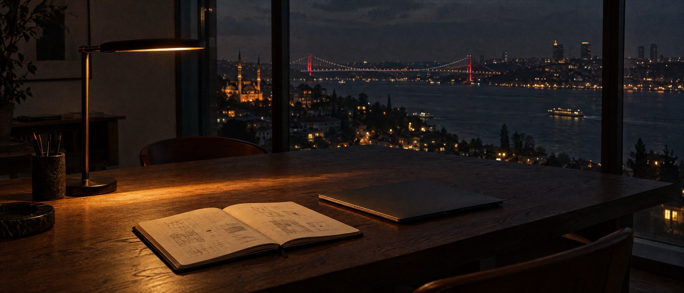 Gece Üsküdar'dan Boğaz'a bakan çalışma masası